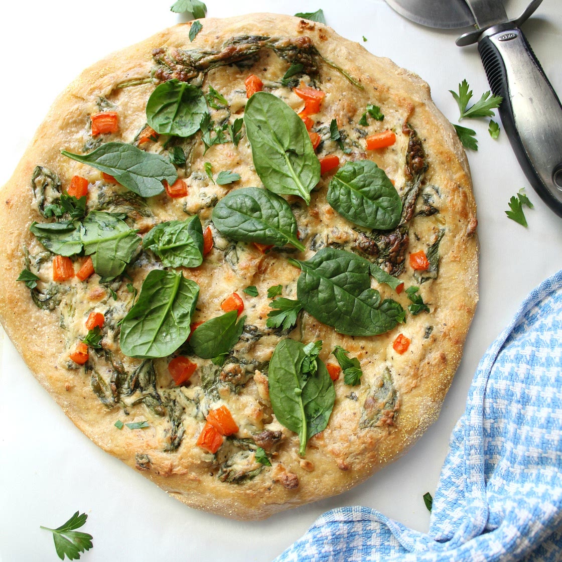 Vegan Roasted Garlic and Spinach White Pizza