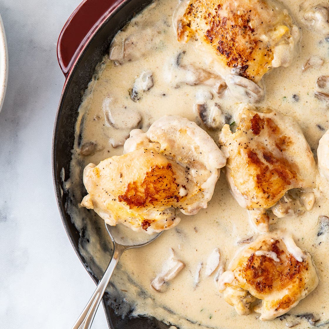 Budget-Friendly Chicken Thighs With Mushroom and White Wine Sauce