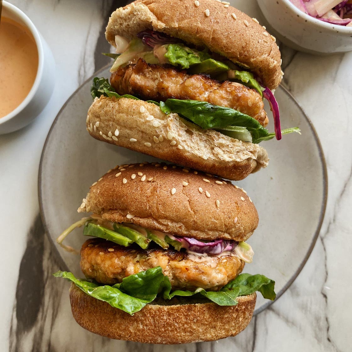 Salmon Burgers with Spicy Slaw