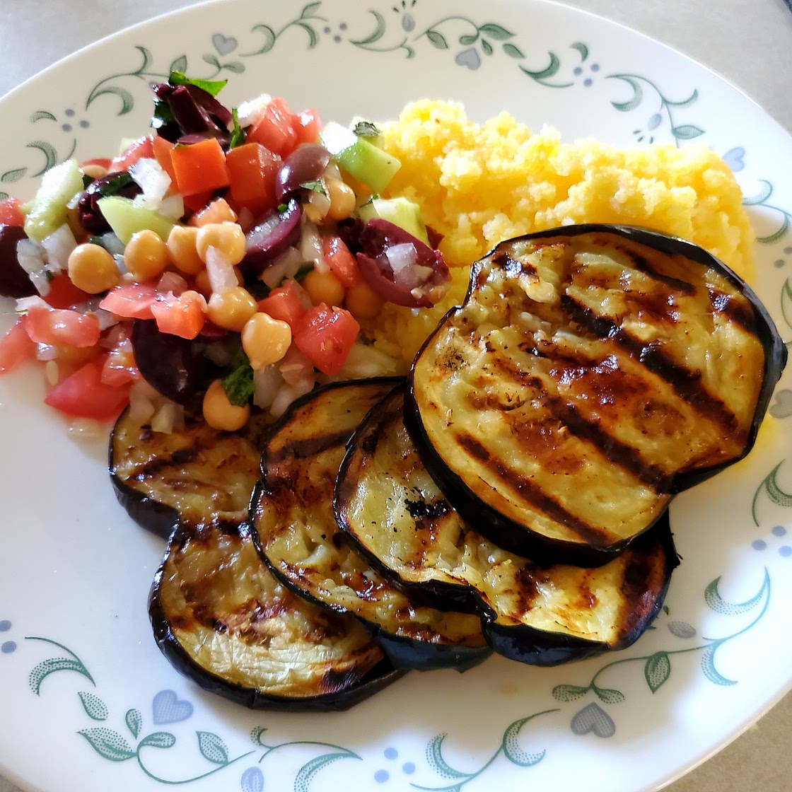 Grilled Eggplant with Creamy Polenta and Greek Relish