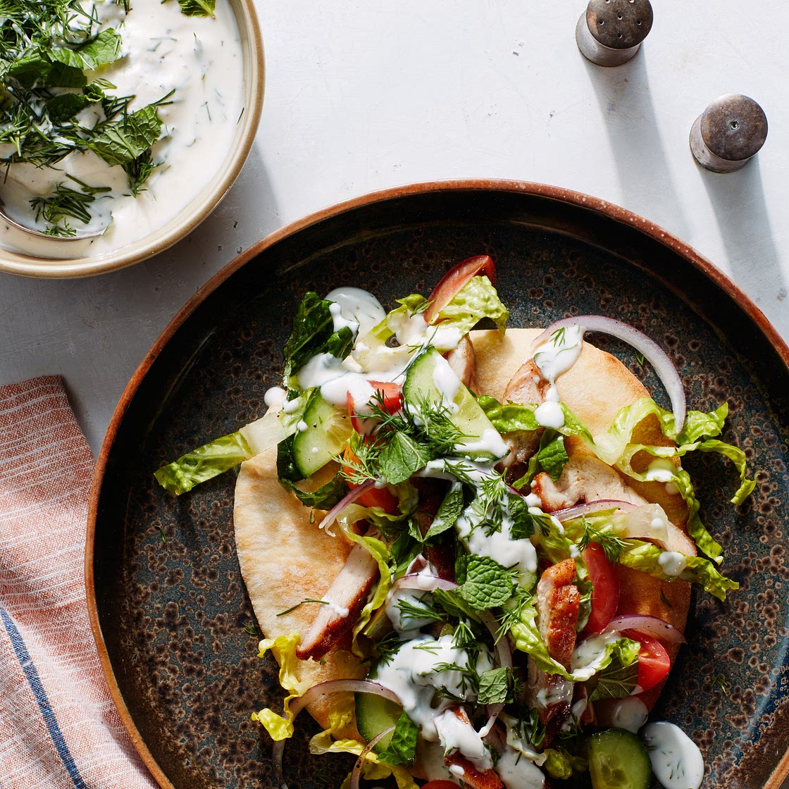 Shawarma-Spiced Chicken Pita with Tahini-Yogurt Sauce Recipe