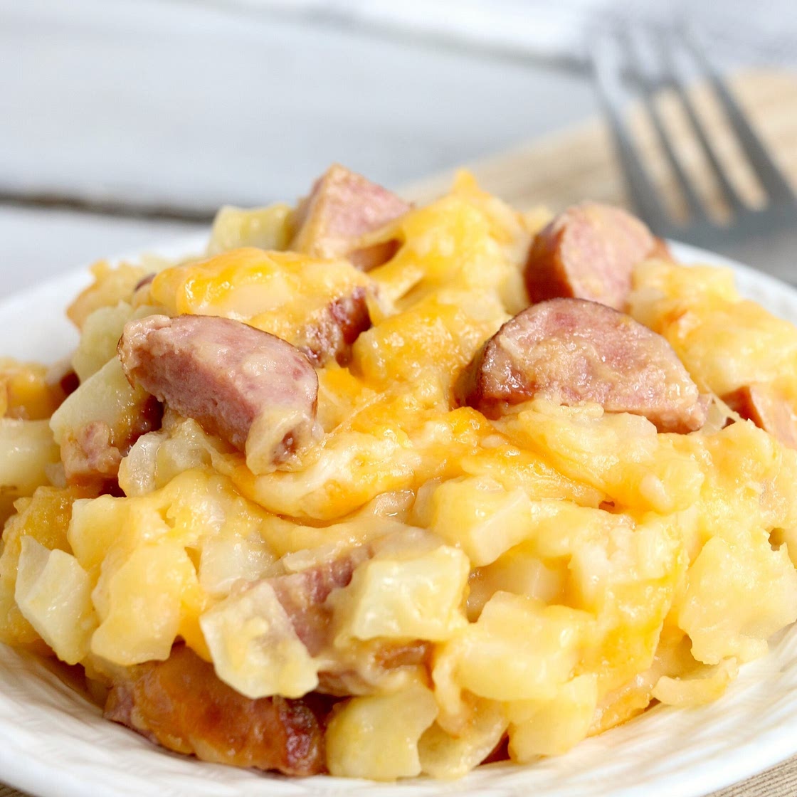 Slow Cooker Cheesy Kielbasa Hashbrown Casserole