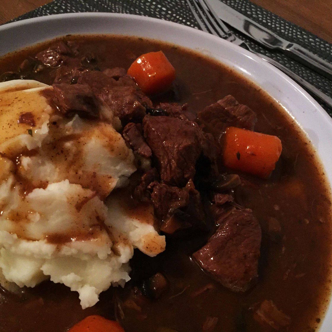 Slow cooked beef and red wine casserole