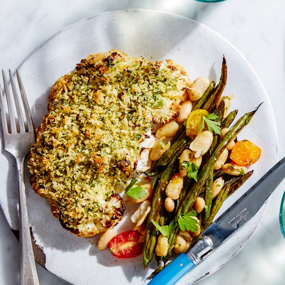 Herb-Crusted Cauliflower Steaks with Beans and Tomatoes Recipe