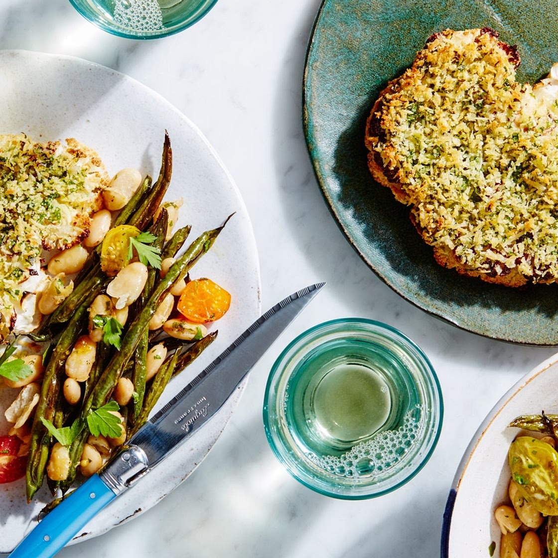 Herb-Crusted Cauliflower Steaks with Beans and Tomatoes Recipe