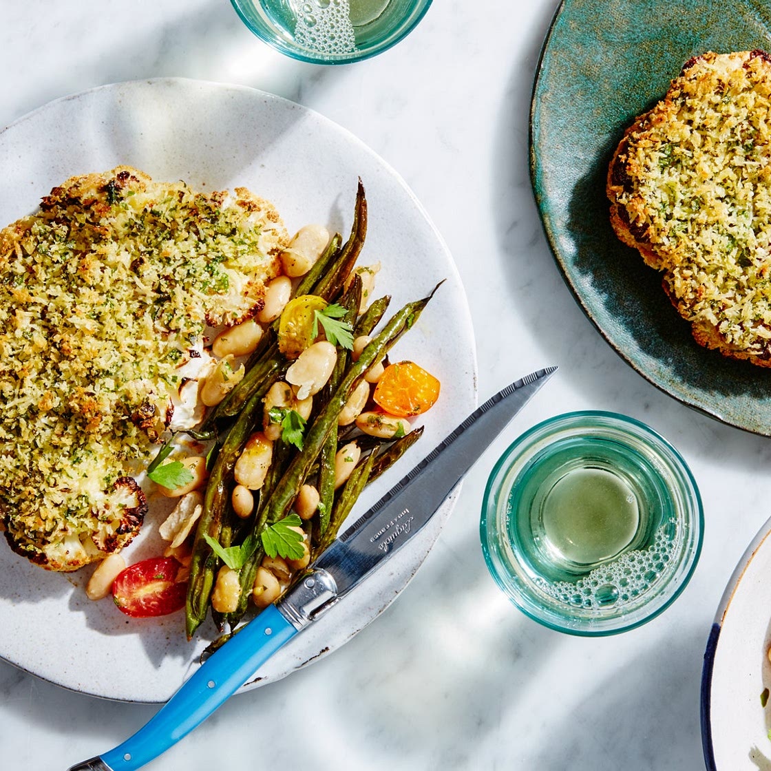 Herb-Crusted Cauliflower Steaks with Beans and Tomatoes Recipe