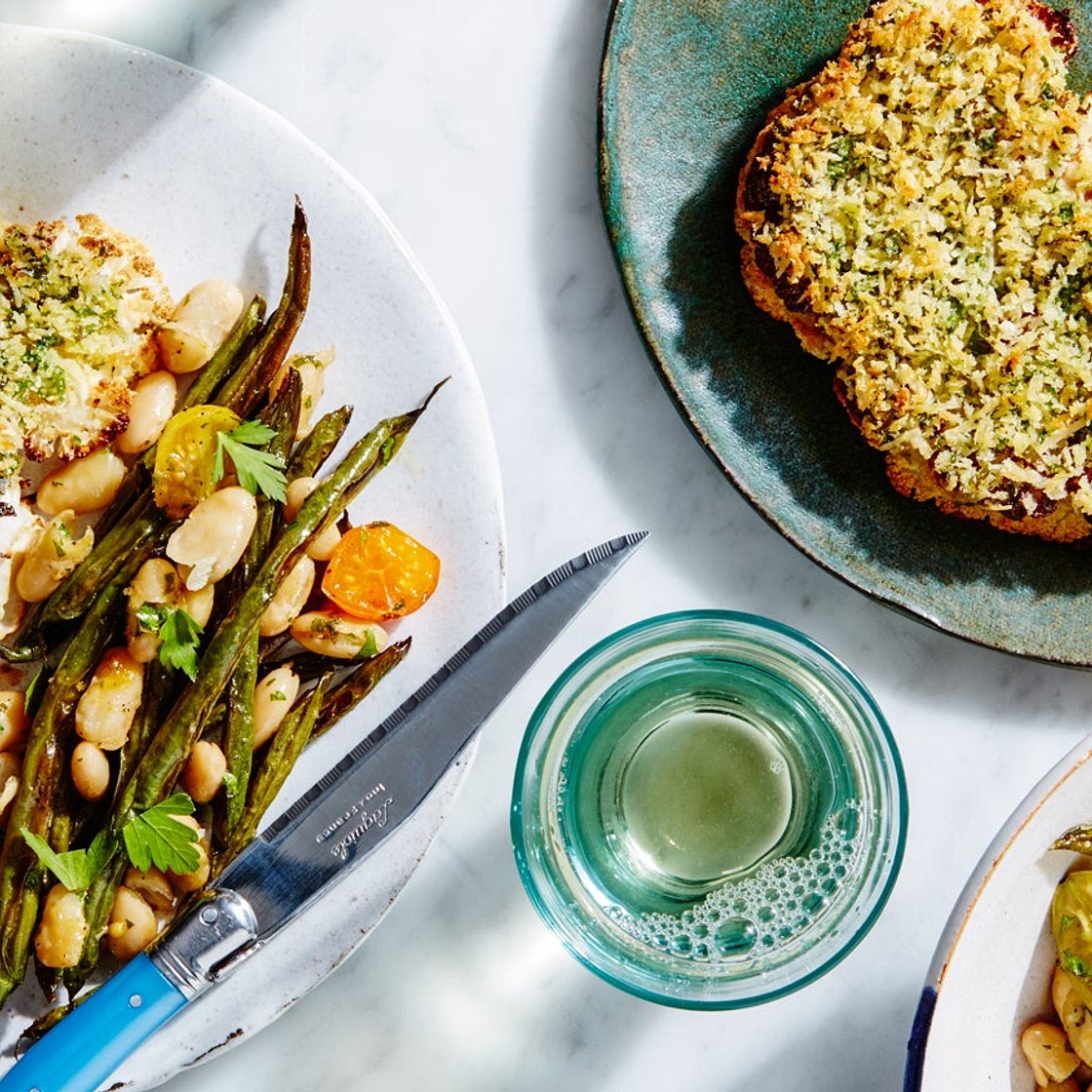 Herb-Crusted Cauliflower Steaks with Beans and Tomatoes Recipe