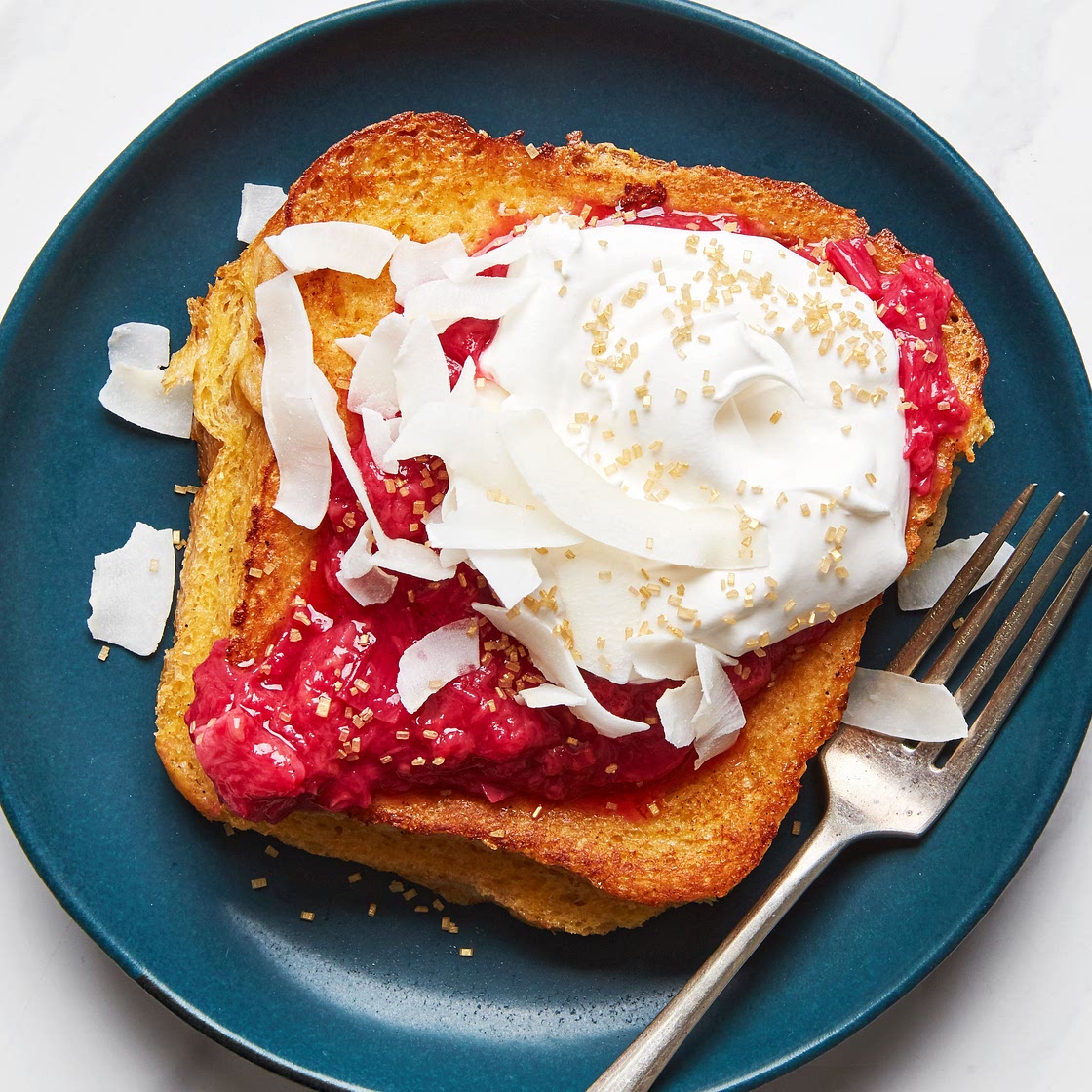 Stuffed French Toast With Coconut-Cardamom Filling and Raspberry-Rhubarb Compote