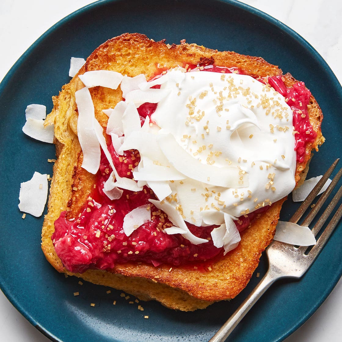 Stuffed French Toast With Coconut-Cardamom Filling and Raspberry-Rhubarb Compote