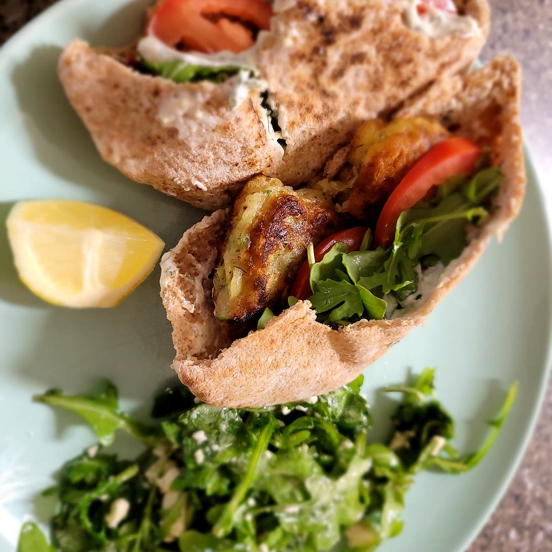 Zucchini and feta fritter pita pockets