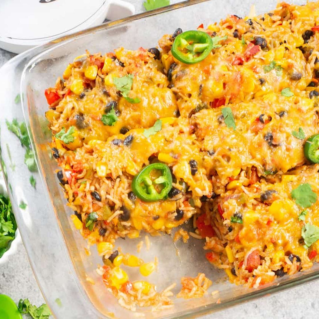 Healthy Vegetarian Mexican Casserole with Rice & Beans