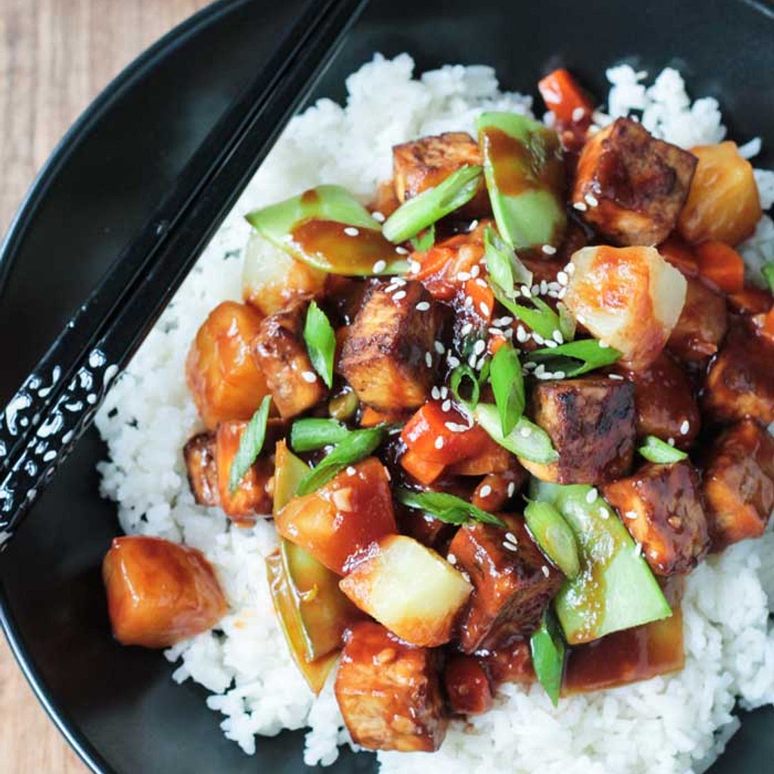 Broccoli and Snow Pea Stir Fry with Pineapple and Baked Tofu