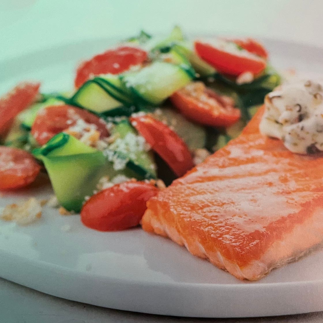 Salmon with Lemon Piccata Butter and ratatouille zucchini ribbons