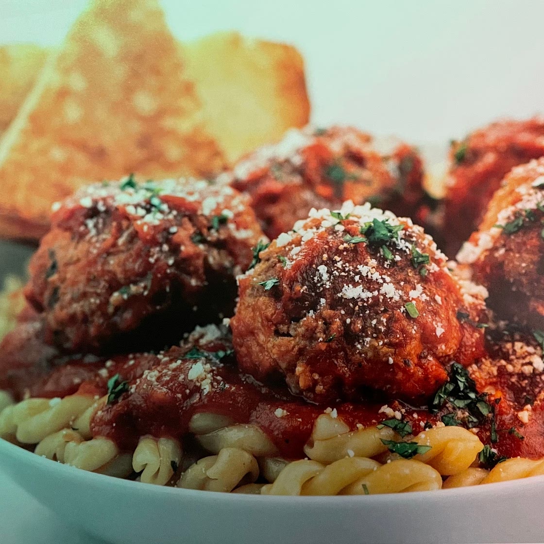 Gemelli and Ricotta Meatballs with Pecorino Garlic Bread