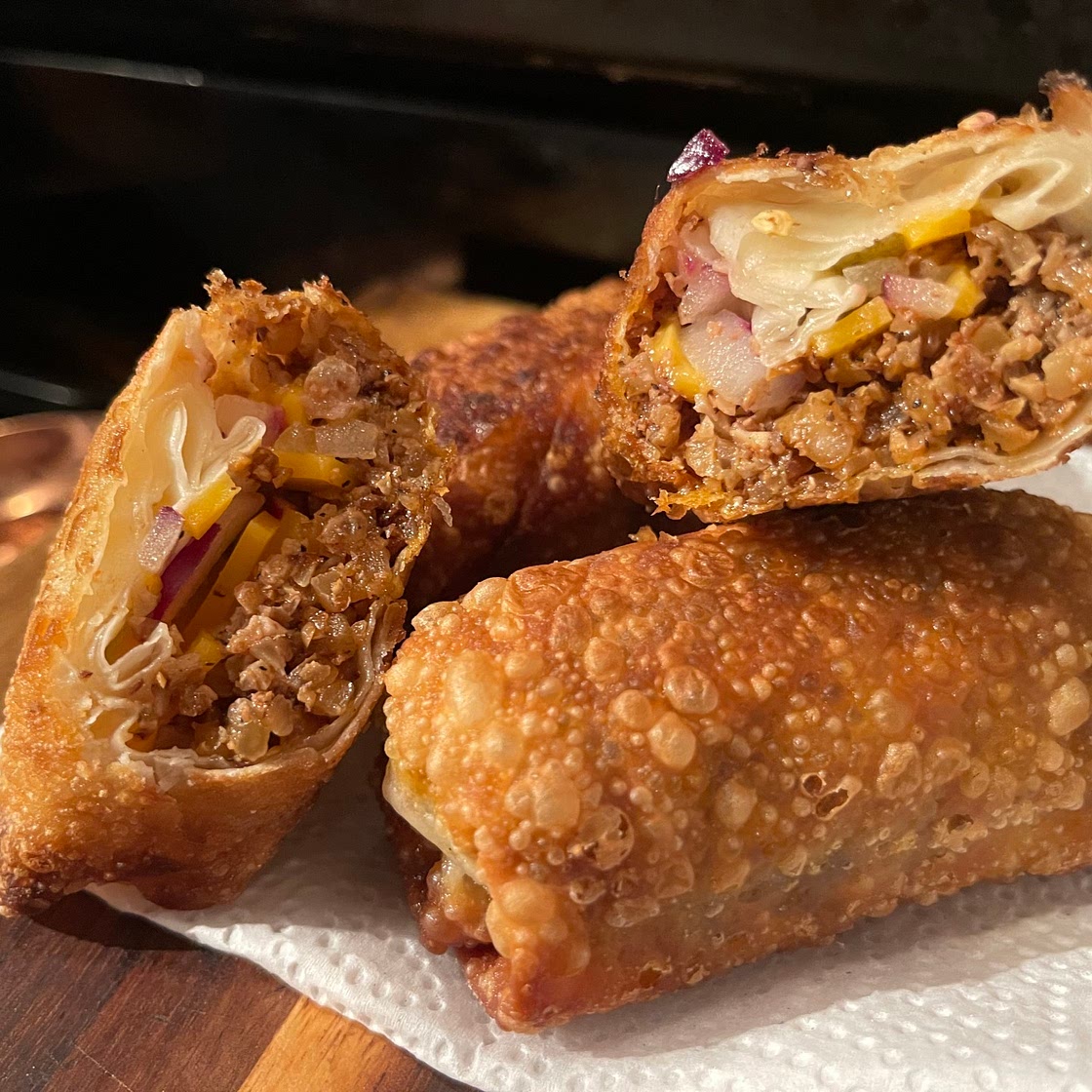 Cheese Burger Rolls Using egg roll wrappers & walnuts.