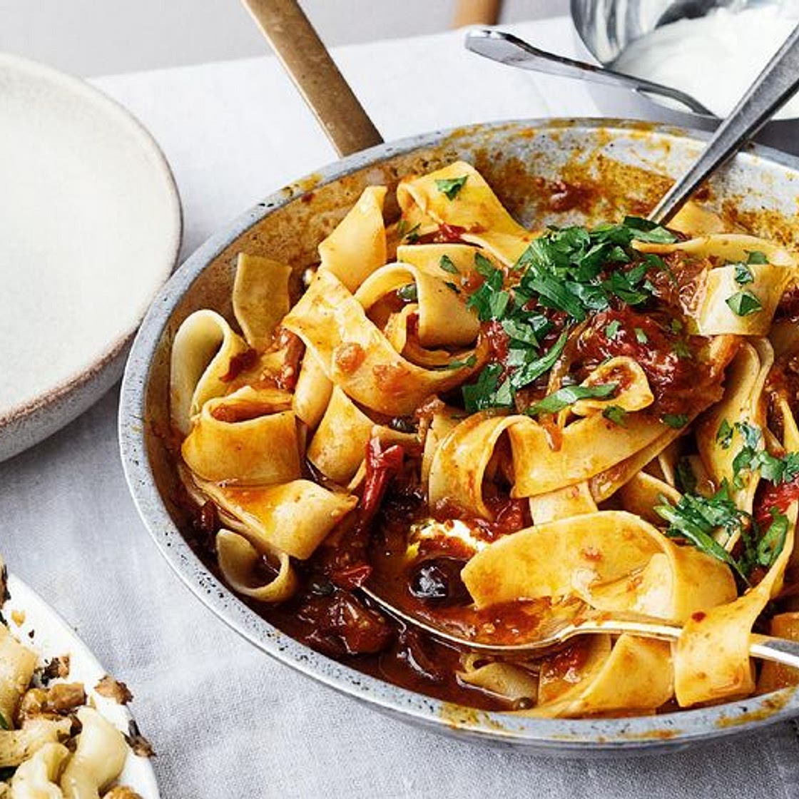 Yotam Ottolenghi’s Pappardelle with Rose Harissa, Black Olives and Capers