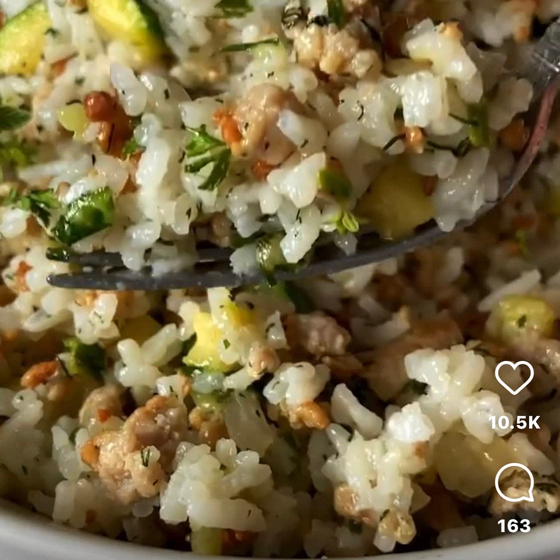 Zucchini Rice with "Meat" and Carmelized Onions