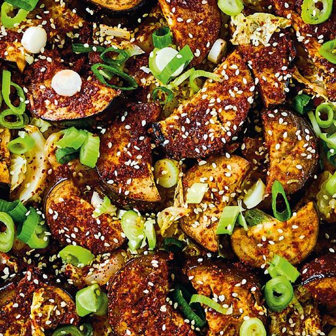 One-tin Korean-style Aubergines with Spring Onions and Sesame Rice