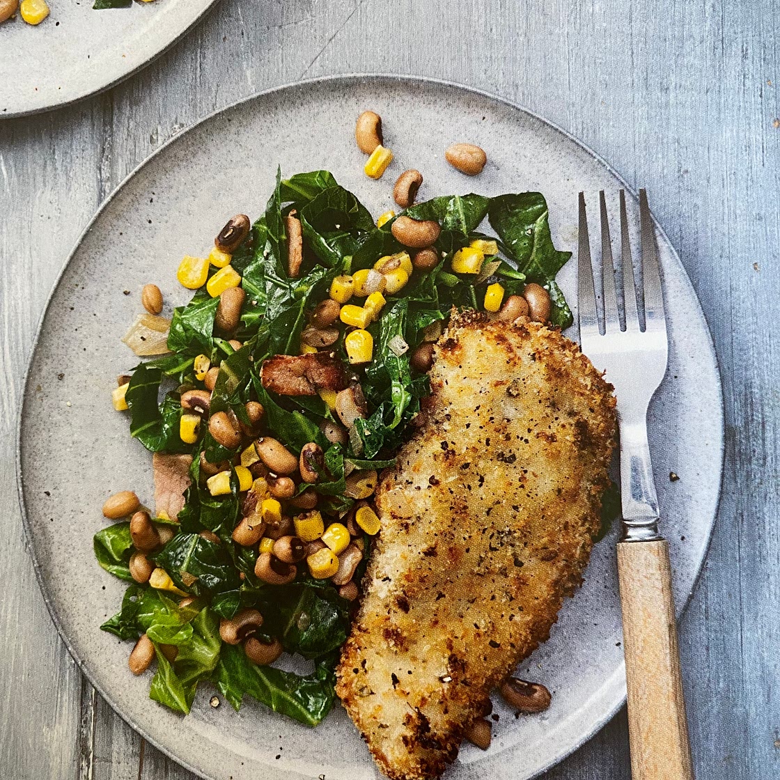 Chicken Escalopes with Black-Eyed Beans and Greens