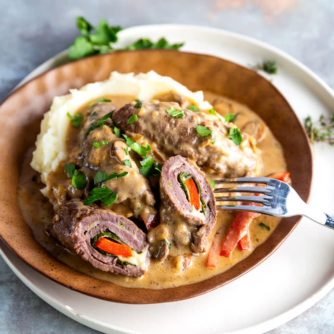 Cheesy Veal rolls with Mushroom Sauce