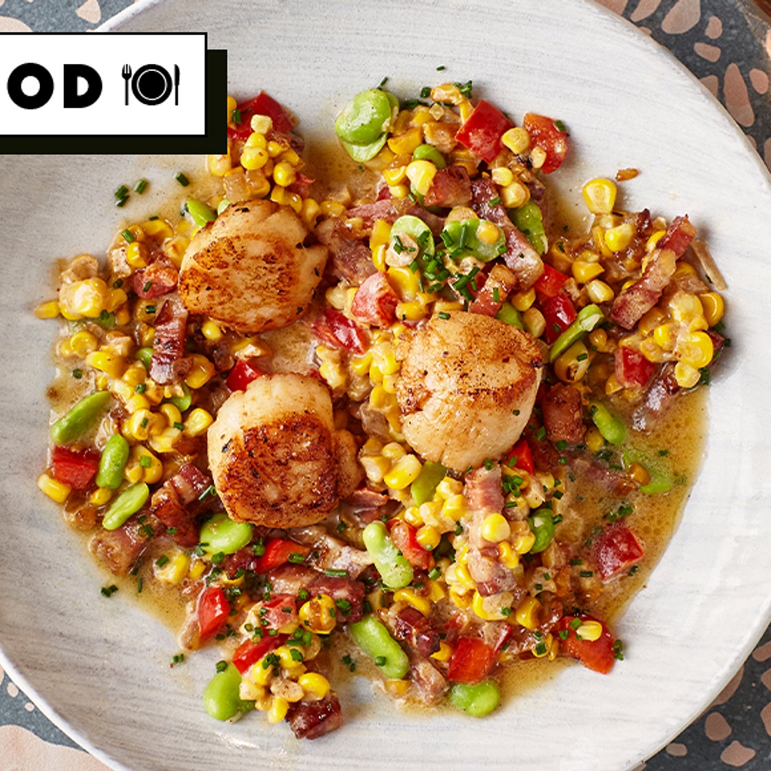 scallops with pancetta & sweetcorn succotash