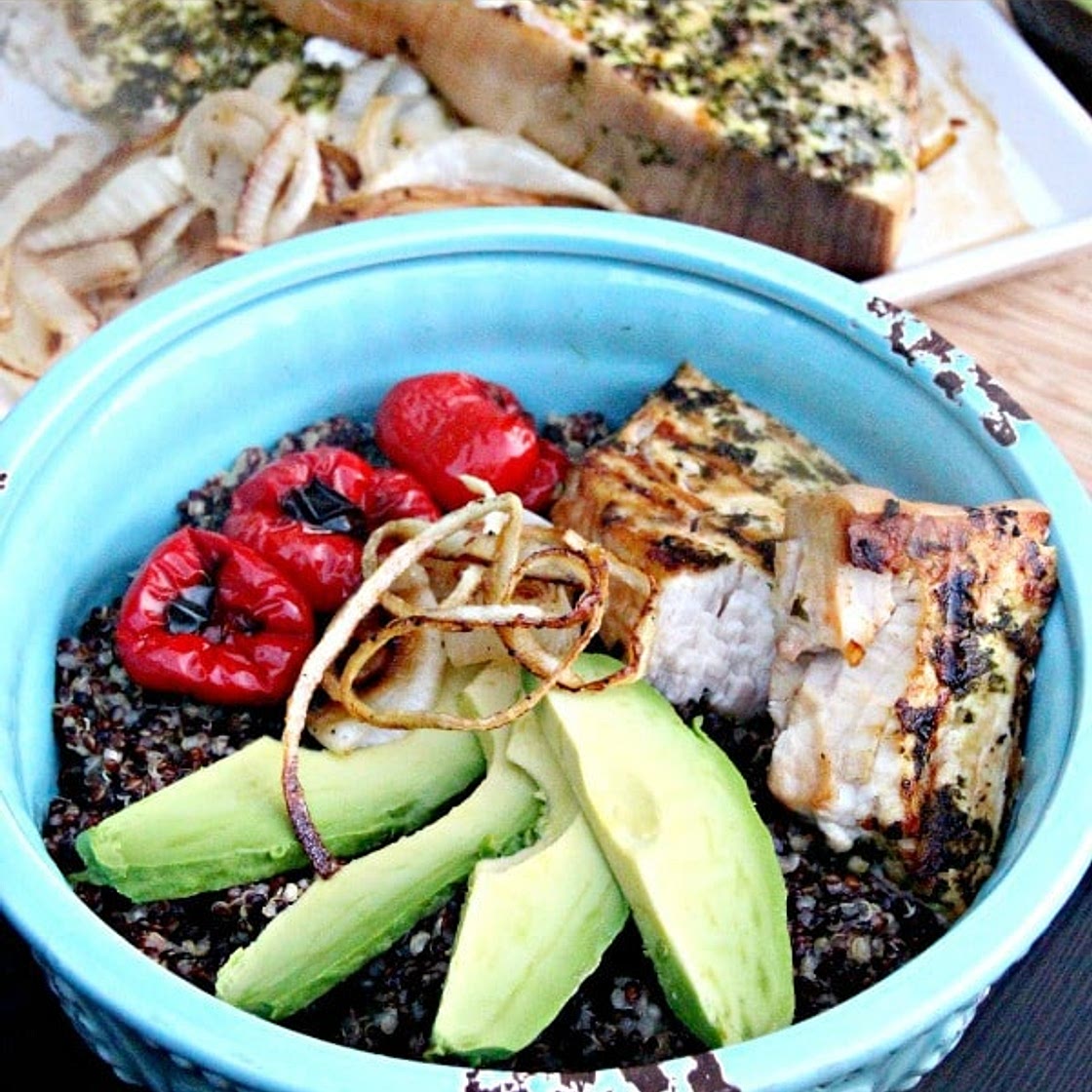Red & White Quinoa Bowl with Swordfish and Avocado