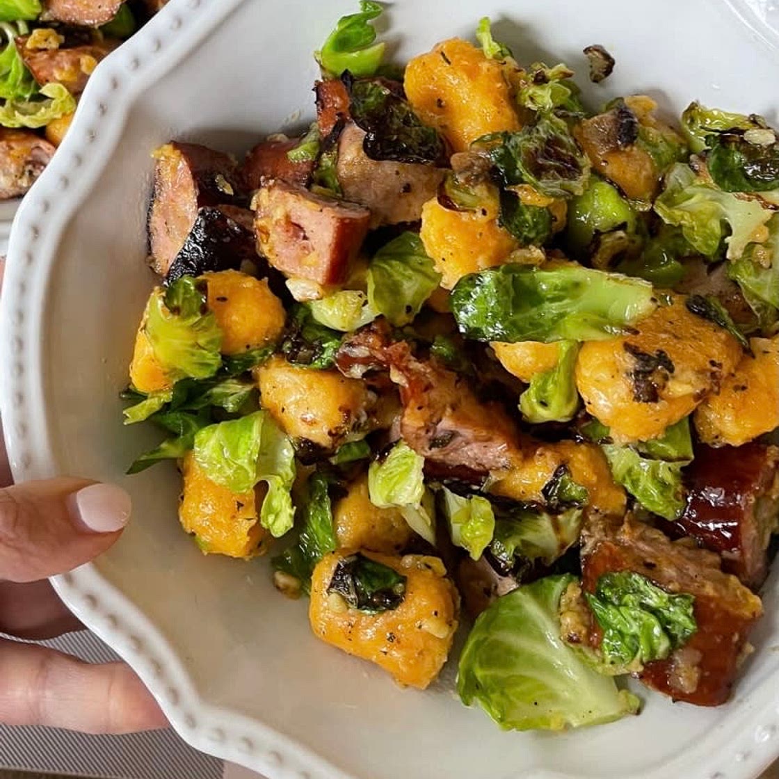 Sweet Potato Gnocchi with Brussels and Chicken Sausage