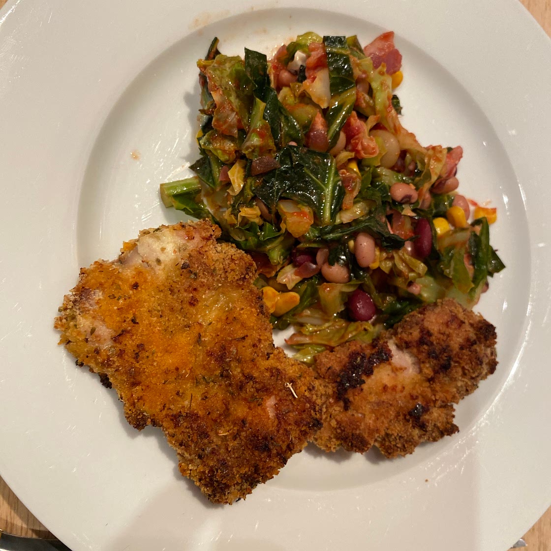 Chicken Escalopes with Black-Eyed Beans and Greens
