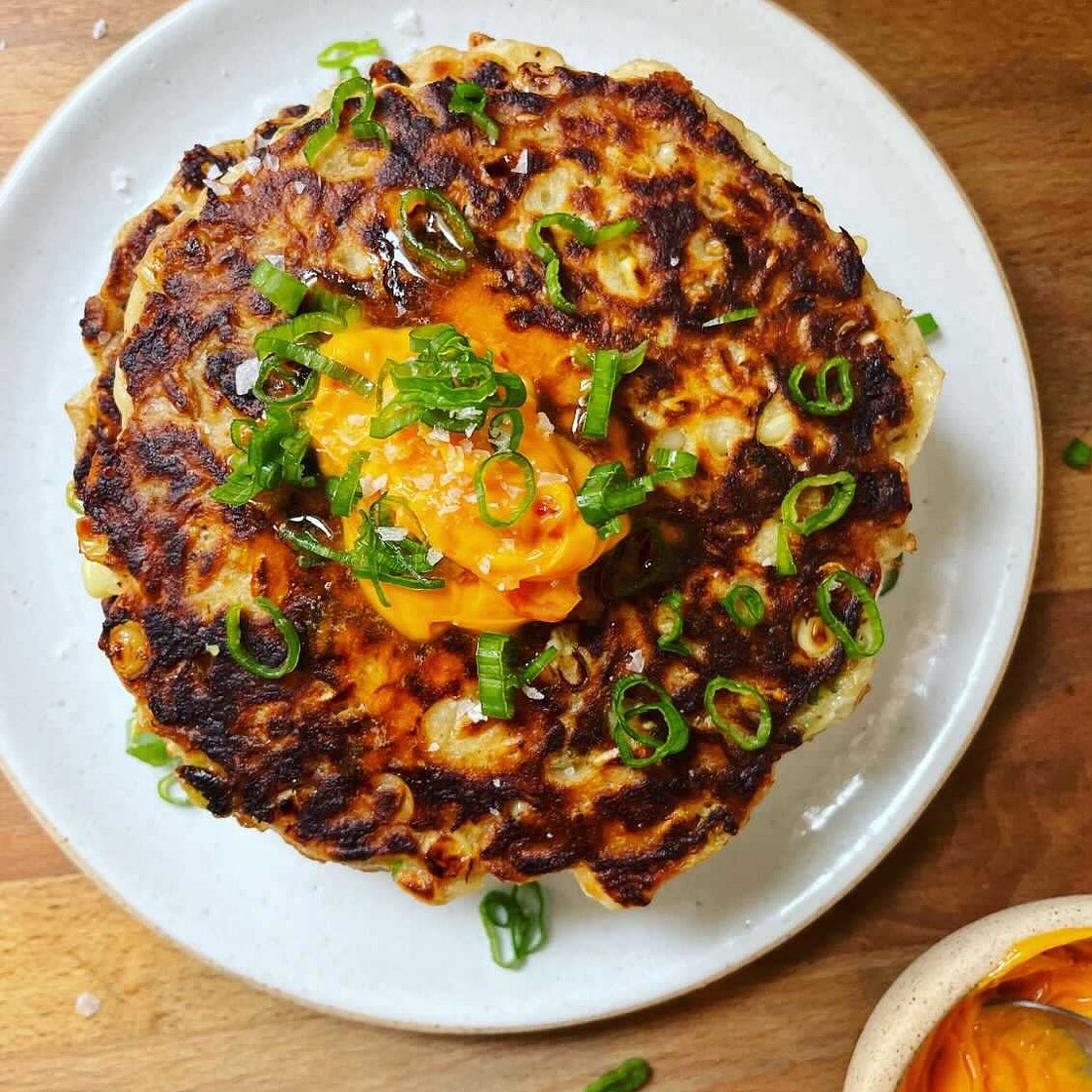 Grainy Corn and Cheddar Pancakes with Scallions & Chile Butter