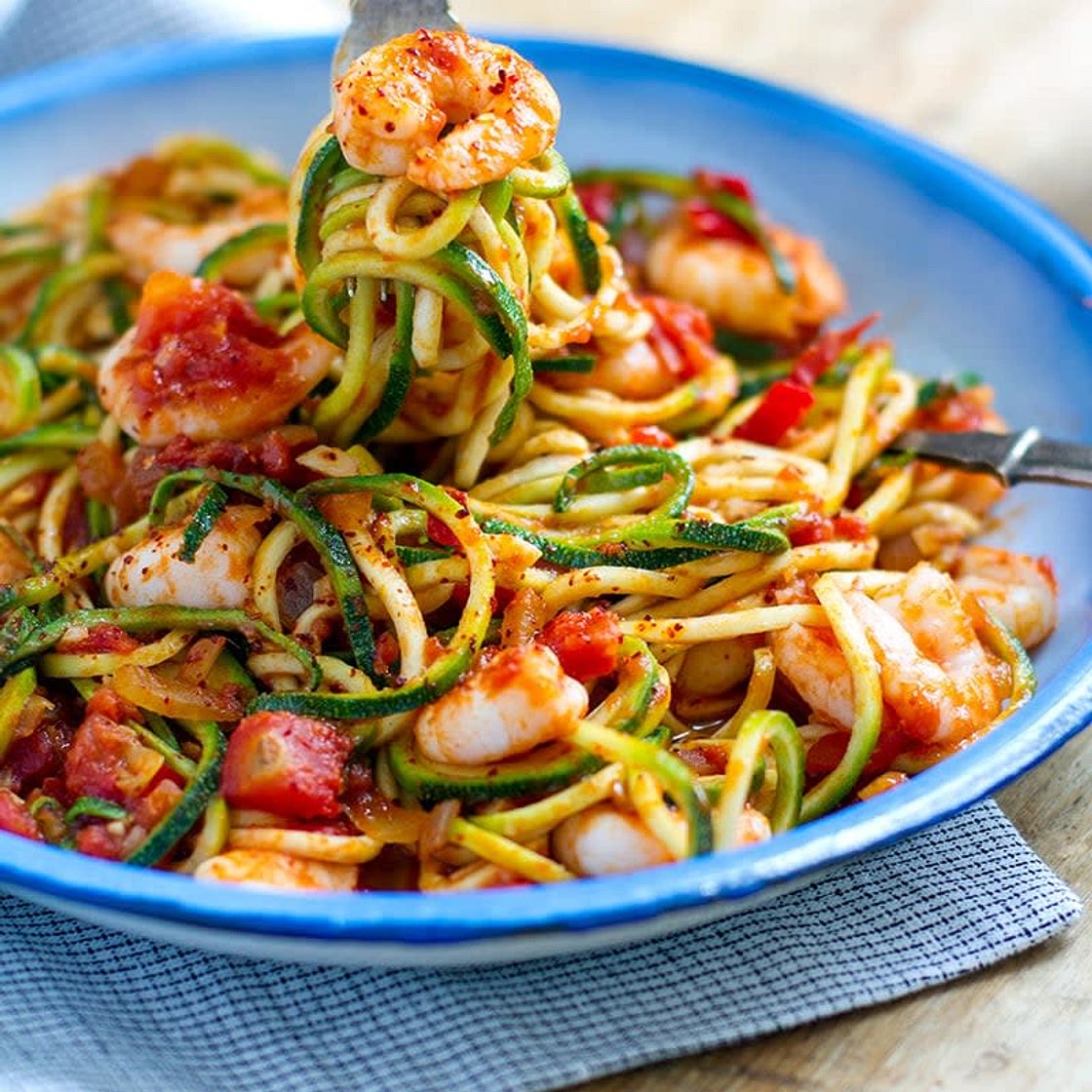 Burst Tomatoes and Shrimp Zoodles
