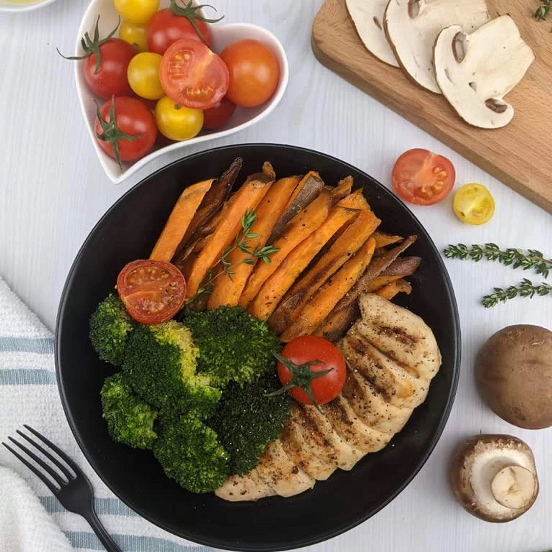 Poulet rôti à la poele, Patate douce et Brocoli