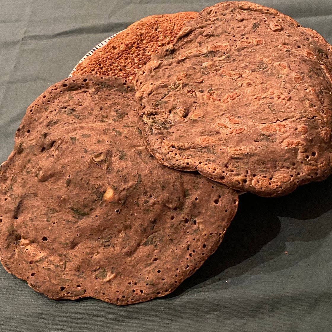 Teff, fava beans and chard flatbread 