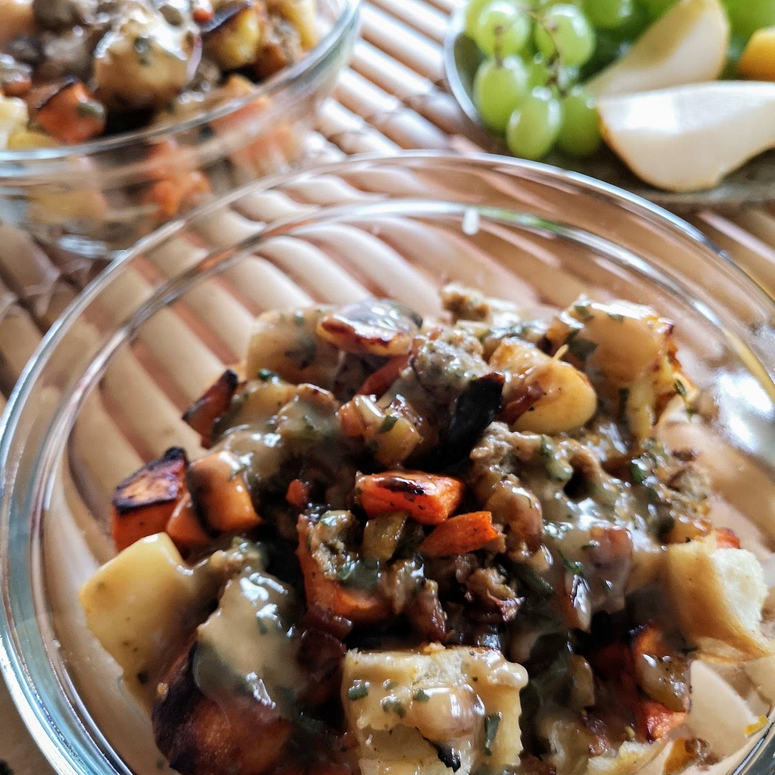 Sausage-Apple Stuffing Bowl with Sage Gravy