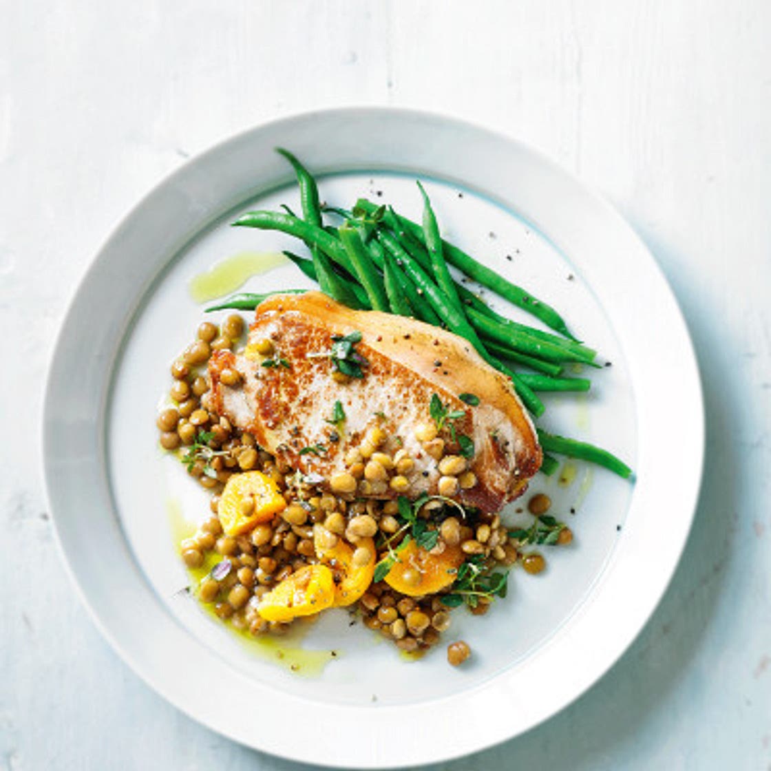 Pork with apricots & lentils