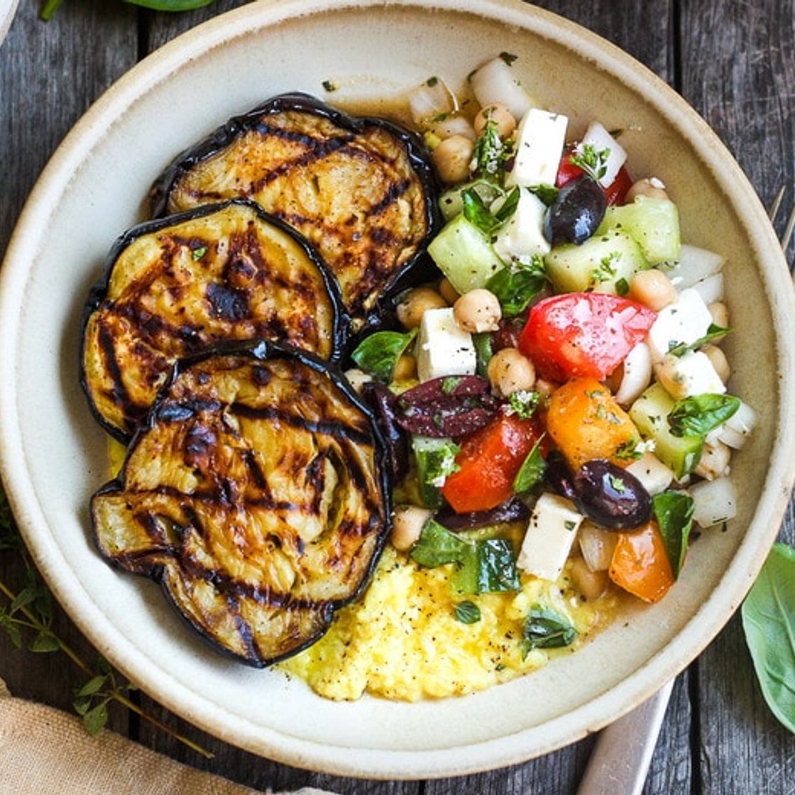 Grilled Eggplant with Creamy Polenta and Greek Relish
