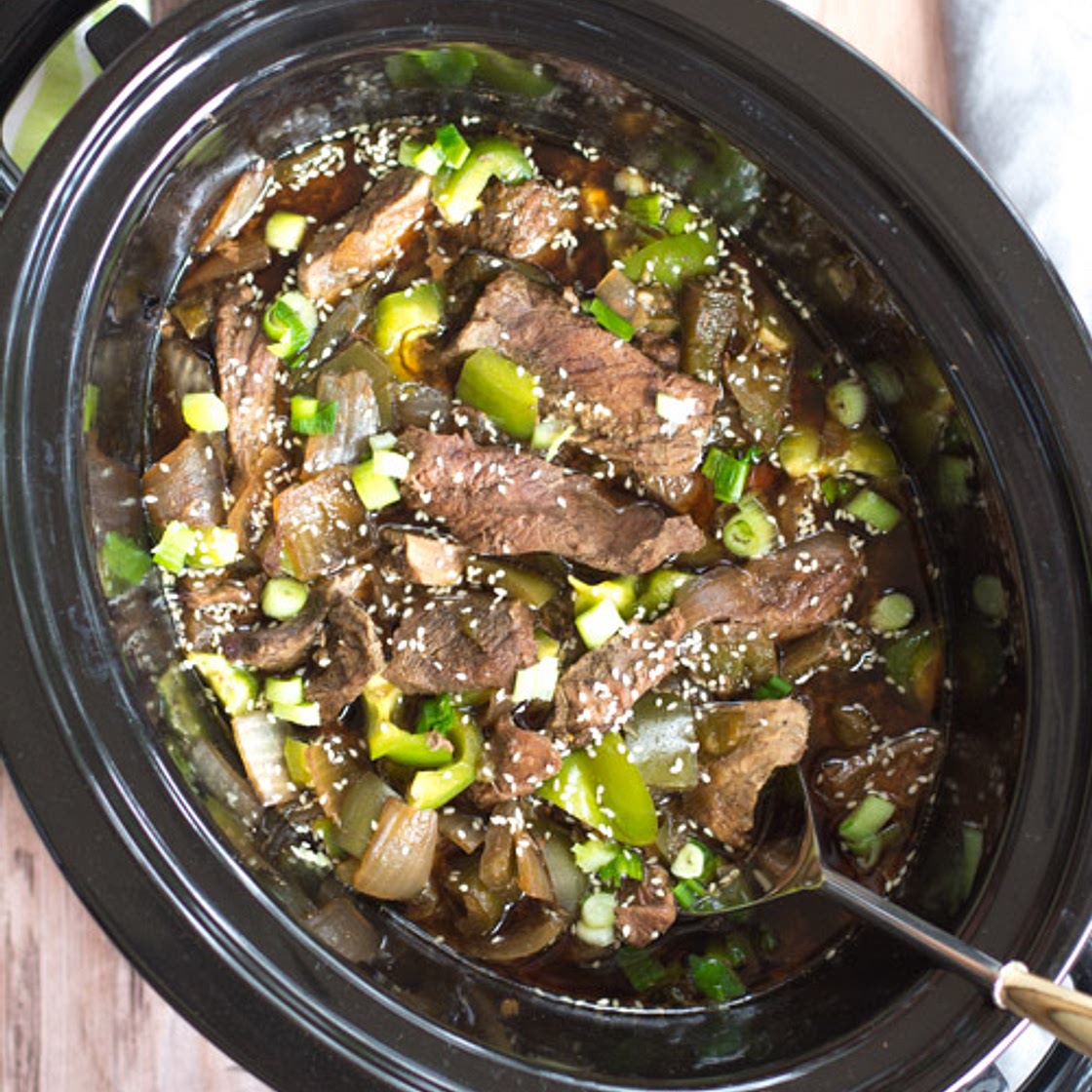 Crockpot Chinese Pepper Steak with Green Peppers and Onions