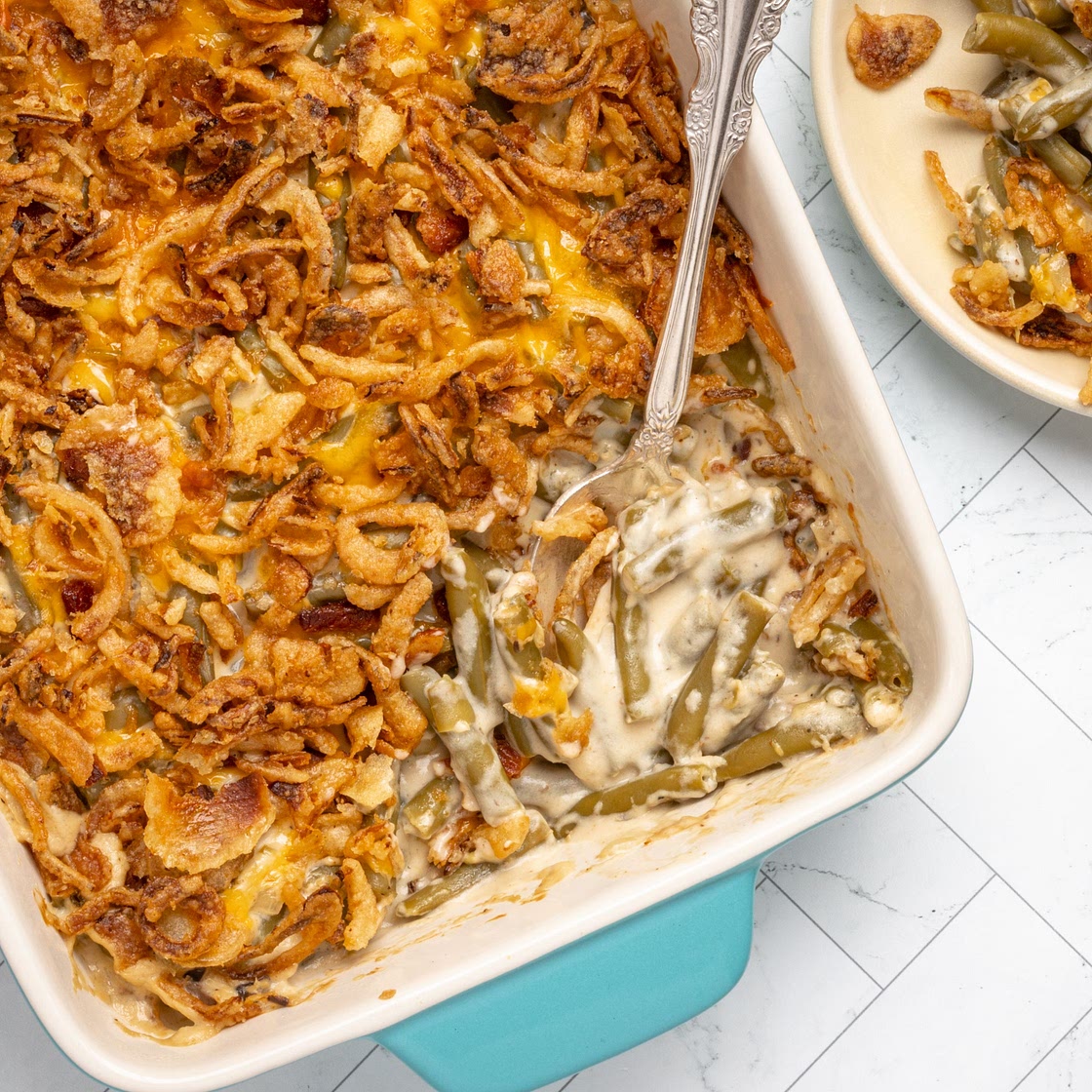 Green Bean Casserole With a Flavor Twist: Bacon and Cheddar Cheese!