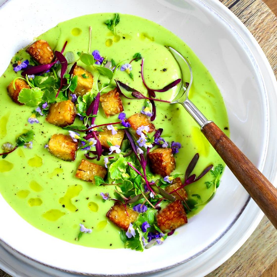 Broccoli and White Bean Soup with Tempeh Croutons, Microgreens - Taste With The Eyes