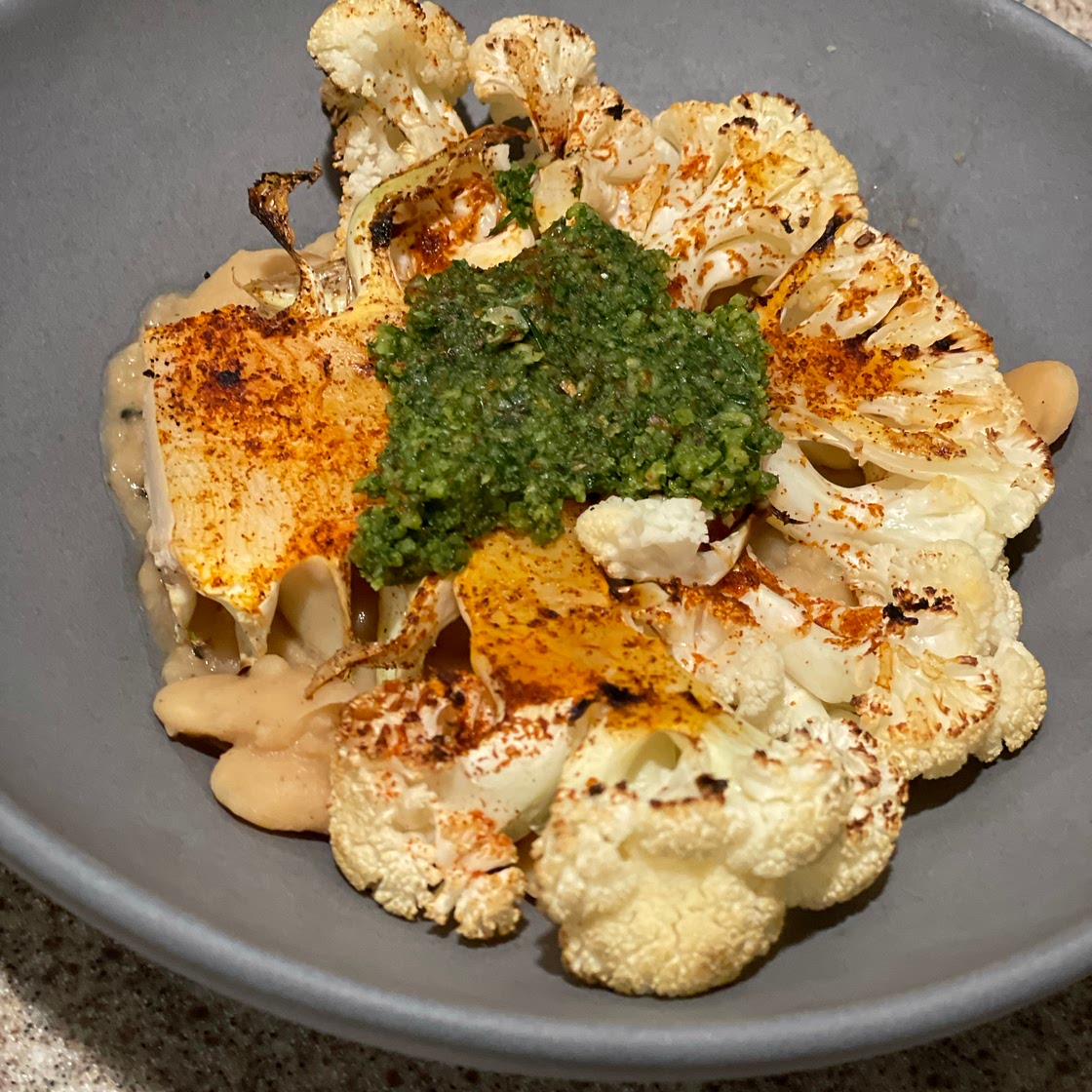 Grilled Cauliflower Steaks with Almond Pesto & Butter Beans