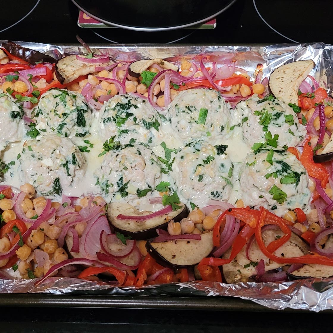 Sheet Pan Greek Meatballs with Veggies and Chickpeas