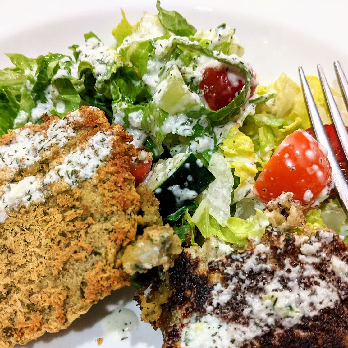 Falafel Salad with Dairy-free Cucumber Tzatziki Sauce