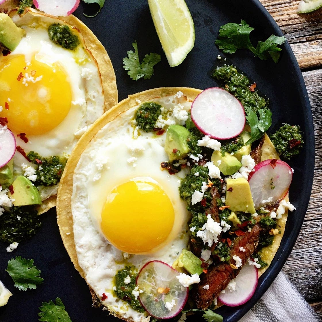Steak and Fried Egg Breakfast Tacos with Chimichurri  