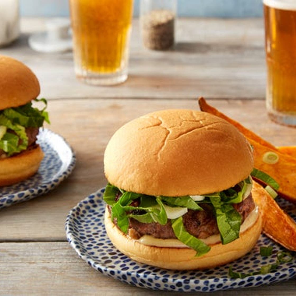 Shiitake & Hoisin Beef Burgers with Miso Mayonnaise & Roasted Sweet Potatoes