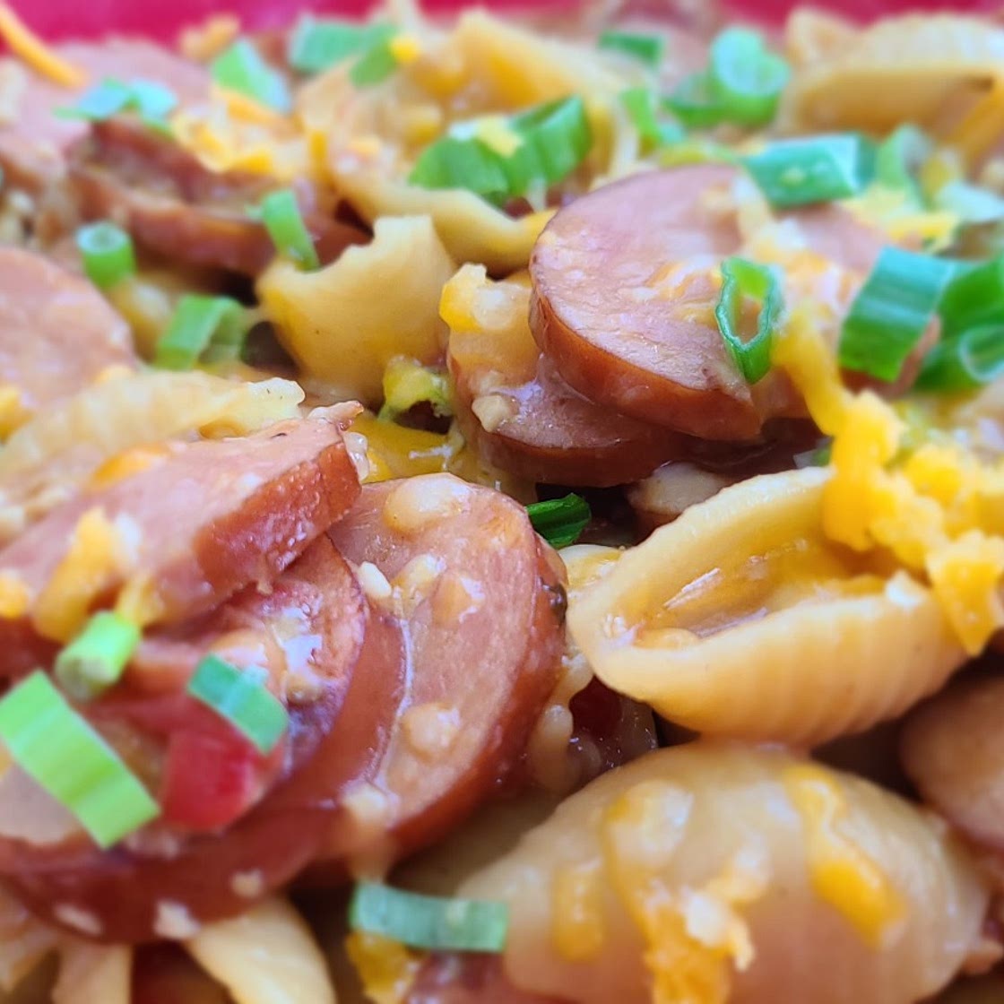 One Pan Cheesy Smoked Sausage Pasta Skillet