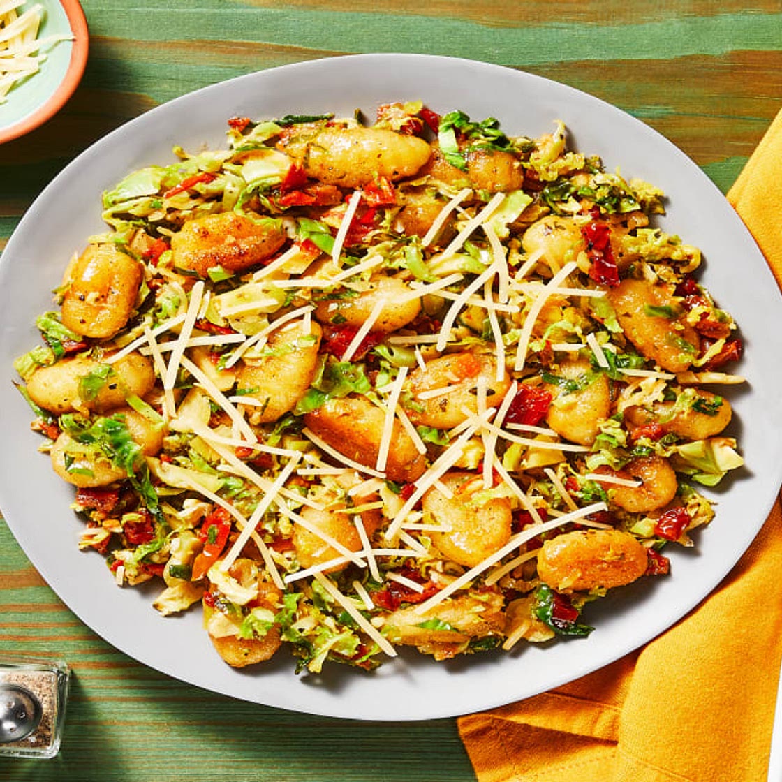 Pan-Fried Garlic Herb Gnocchi with Brussels Sprouts & Sun-Dried Tomatoes