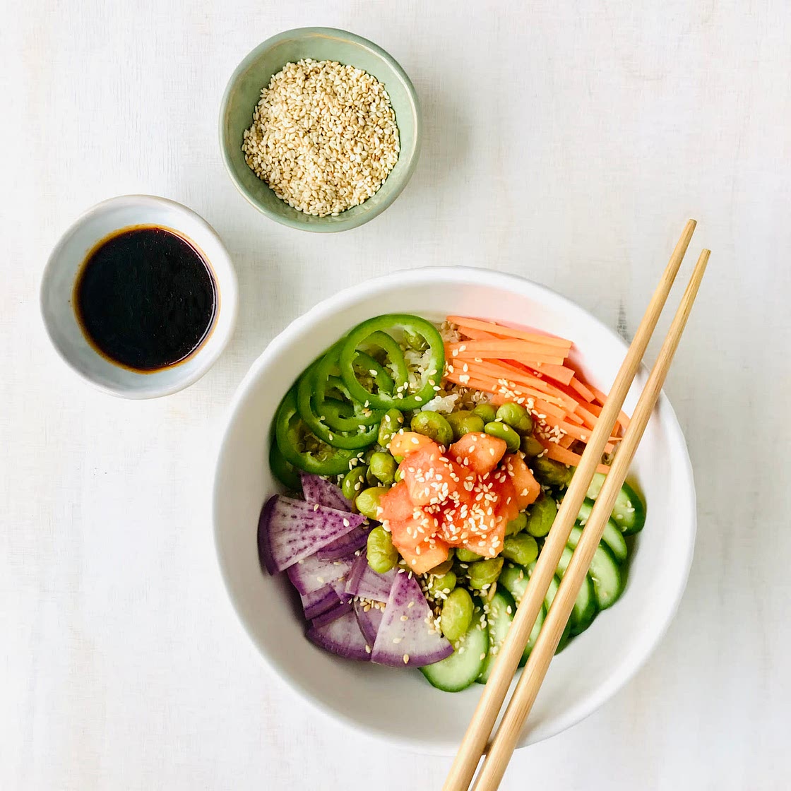 Vegan Spicy ‘Salmon’ Poke Bowl with Ginger Rice