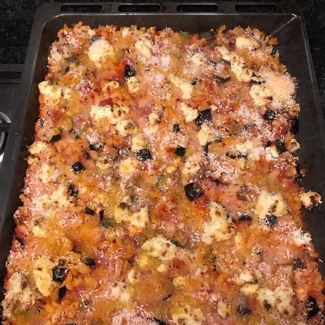 Roasted aubergine, courgette and macaroni bake