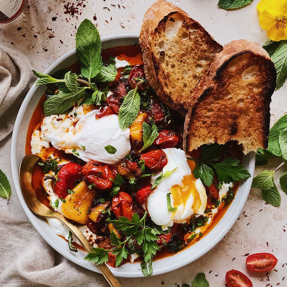 Turkish Eggs with Charred Tomatoes & Sweet Peppers — Lily Morello