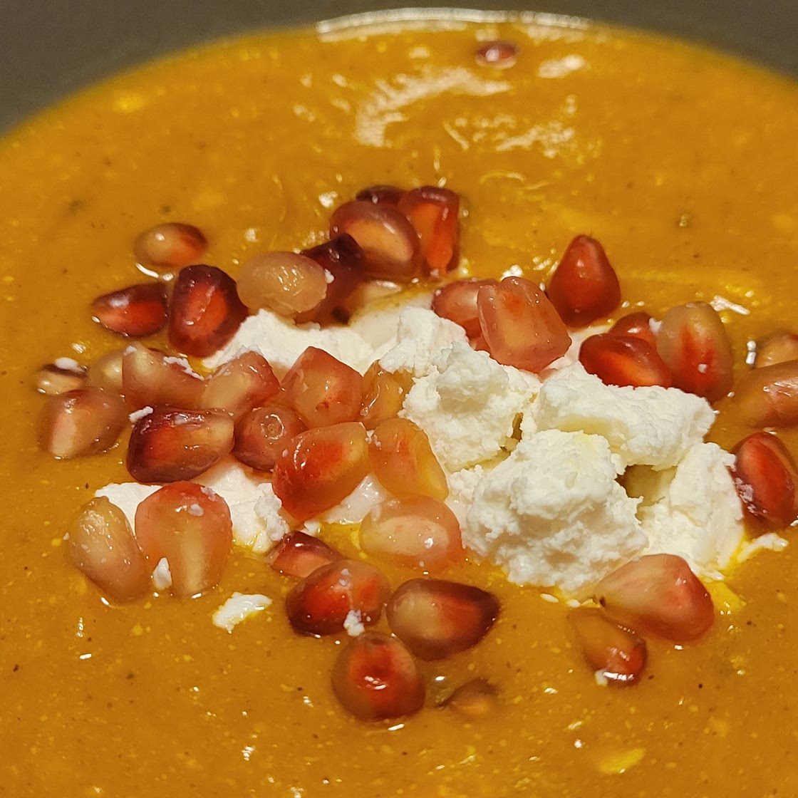 Moroccan Butternut Squash and Goat Cheese Soup w/Coconut Ginger Cream + Pistachios