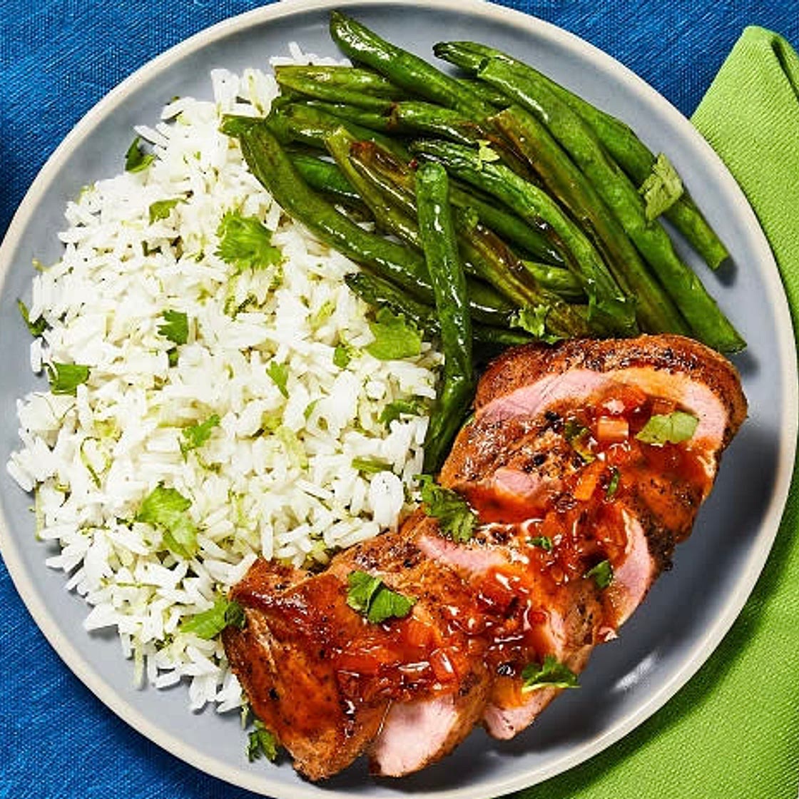 Sweet Thai Chili Pork Tenderloin with Zesty Rice & Roasted Green